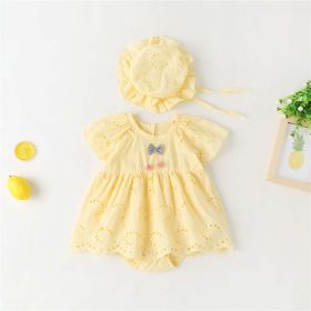 Baby Girl 1pcs Solid Color Hollow Carved Design Bow Onesies Dress (Color: yellow, Size/Age: 90 (12-24M))