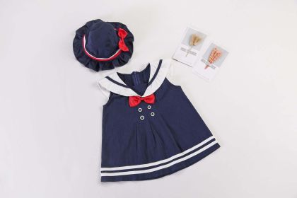 Baby Girl 1pcs Fake Button Bow Tie Design Striped Hem College Style Dress & Hat (Color: Navy Blue (Dark Blue), Size/Age: 80 (9-12M))