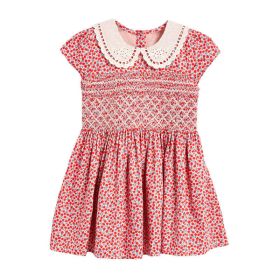 Baby Girl Ditsy Flower Print Hollow Carved Neck Knitted Waist Dress (Color: Red, Size/Age: 130 (7-8Y))