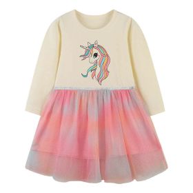 Baby Girl Unicorn Pattern Colorful Mesh Overlay Design Long Sleeve Princess Dress (Color: Beige, Size/Age: 120 (5-7Y))