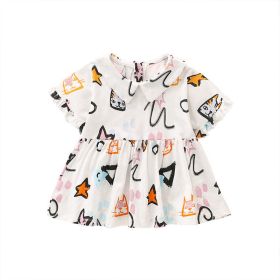 Baby Girl Print Pattern Doll Neck Short Sleeve Crewneck Blouses (Color: White, Size/Age: 140 (8-10Y))