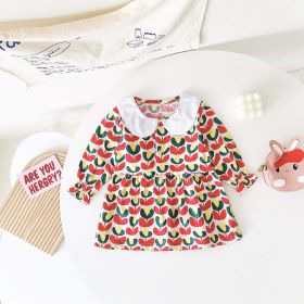 Baby Girl Floral Print Pattern Doll Neck A-Line Design Dress (Color: Red, Size/Age: 90 (12-24M))