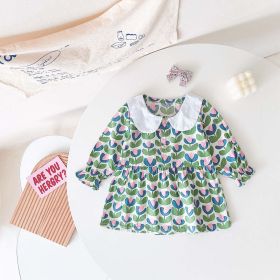 Baby Girl Floral Print Pattern Doll Neck A-Line Design Dress (Color: green, Size/Age: 90 (12-24M))