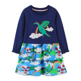 Baby Girl Cartoon Embroidered Pattern Loose Cotton Dress (Color: Navy Blue (Dark Blue), Size/Age: 130 (7-8Y))