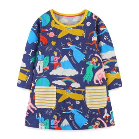 Baby Girl Cartoon Animal Pattern O-Neck Long Sleeve Fashion Dress (Color: Navy Blue (Dark Blue), Size/Age: 140 (8-10Y))