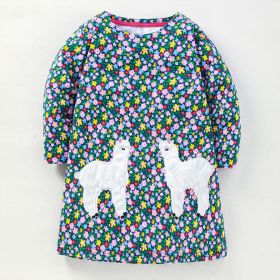 Baby Girl Cartoon Animal Embroidered Design Floral Pattern Loose Dress (Color: green, Size/Age: 110 (3-5Y))