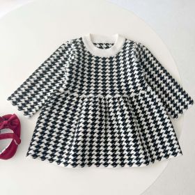 Baby Girl Hounds tooth Pattern Loose Long Sleeve Thickened Dress (Color: Black, Size/Age: 110 (3-5Y))