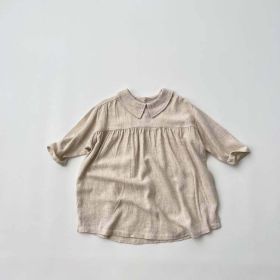 Baby Solid Color Doll Neck Long Sleeve Vintage Style Dress (Color: Apricot, Size/Age: 90 (12-24M))