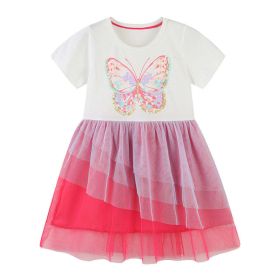 Baby Girl Butterfly Patched Pattern Mesh Patchwork Dress (Color: pink, Size/Age: 120 (5-7Y))