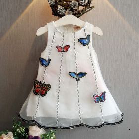 Baby Girl Dimensional Butterfly Embroidery Lace Patchwork Sleeveless Dress (Color: White, Size/Age: 130 (7-8Y))