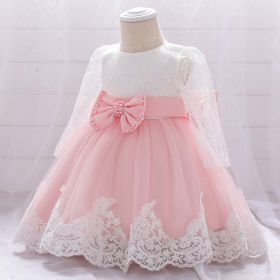 Baby Girl Bow Patched Design Long Sleeves Full Moon Christening Mesh Formal Dress (Color: Light Pink, Size/Age: 80 (9-12M))