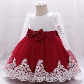 Baby Girl Bow Patched Design Long Sleeves Full Moon Christening Mesh Formal Dress (Color: Wine, Size/Age: 73 (6-9M))