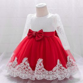 Baby Girl Bow Patched Design Long Sleeves Full Moon Christening Mesh Formal Dress (Color: Red, Size/Age: 73 (6-9M))