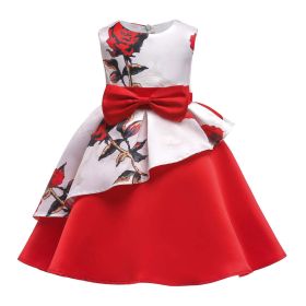 Baby Girl Floral Pattern Bow Tie Princess Tutu Dress Formal Dress (Color: Red, Size/Age: 120 (5-7Y))