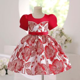 Baby Girl Flower Embroidered Graphic Crewneck Short Sleeve Princess Dress (Color: Red, Size/Age: 100 (2-3Y))