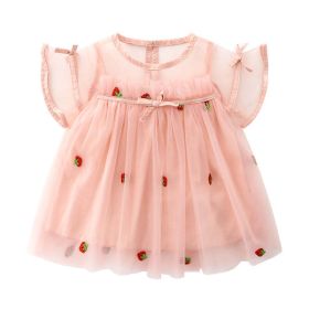 Baby Girl Strawberries Embroidered Mesh Overlay Design Bow Tie Patched Hundred Dress (Color: pink, Size/Age: 100 (2-3Y))