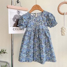 Baby Girl Floral Embroidered Pattern Lace Patchwork Design Backless Puff-Sleeved Dress (Color: Blue, Size/Age: 130 (7-8Y))