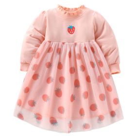 Baby Girl Strawberries Pattern Mesh Overlay Design Beautiful Dress (Color: pink, Size/Age: 120 (5-7Y))