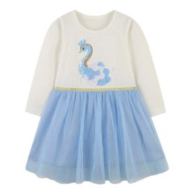 Baby Girl Sequins Animal Pattern Mesh Overlay Design Dress (Color: Blue, Size/Age: 130 (7-8Y))