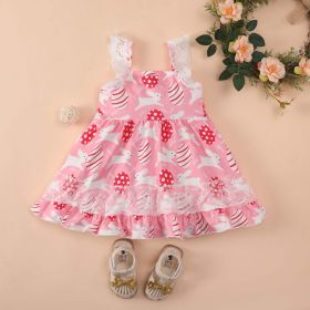 Baby Girl Rabbit & Egg Graphic Mesh Patchwork Design Sleeveless Dress (Color: pink, Size/Age: 90 (12-24M))