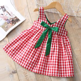 Baby Girl Plaid Pattern Bow Tie Decoration Sleeveless Dress (Color: Red, Size/Age: 110 (3-5Y))