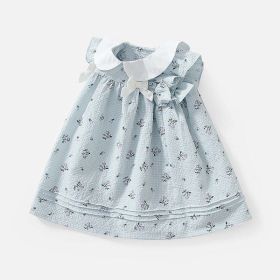 Baby Girl Flower Graphic Bow Tie Decoration Plaid Dress (Color: Blue, Size/Age: 100 (2-3Y))