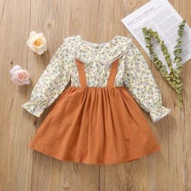 Baby Girl Foral Pattern False 1-Piece Design Doll Neck Dress (Color: Orange, Size/Age: 110 (3-5Y))