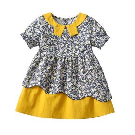 Baby Girl Floral Print Doll Neck Patchwork Design Cotton Dress (Color: yellow, Size/Age: 120 (5-7Y))