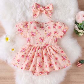 Baby Girl Flower Graphic A-Line Onesies Dress & Headband (Color: pink, Size/Age: 73 (6-9M))