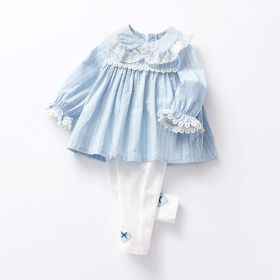 Baby Girl Heart Pattern Ruffle Doll Neck Shirt Combo Embroidered Pants Sets (Color: Blue, Size/Age: 90 (12-24M))