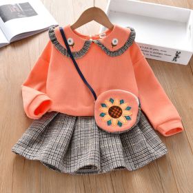 Baby Girl Floral Patches Doll Neck Pullover Hoodie Combo Pleated Skirt Sweet Vintage Style Sets (Color: Orange, Size/Age: 110 (3-5Y))