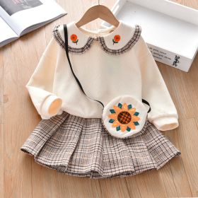 Baby Girl Floral Patches Doll Neck Pullover Hoodie Combo Pleated Skirt Sweet Vintage Style Sets (Color: Beige, Size/Age: 120 (5-7Y))