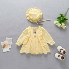 Baby Solid Yellow Hollow Carved Design Long Sleeves Bow Dress & Hat (Color: yellow, Size/Age: 73 (6-9M))