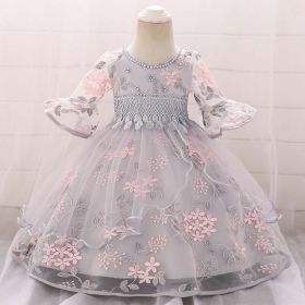 Baby Girl Embroidered Pattern Medium Sleeves One Year Old Tutu Formal Dress (Color: grey, Size/Age: 80 (9-12M))