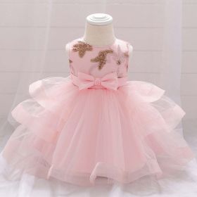 Baby Girl Sequins Patched Design Sleeveless Tutu Style Baptism Birthday Dress (Color: Light Pink, Size/Age: 73 (6-9M))