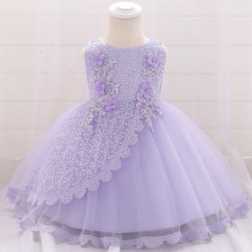 Baby Girl Floral Embroidered Pattern Full Moon Christening Sequins Tutu Dress (Color: Purple, Size/Age: 90 (12-24M))