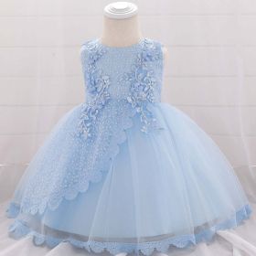 Baby Girl Floral Embroidered Pattern Full Moon Christening Sequins Tutu Dress (Color: Blue, Size/Age: 66 (3-6M))