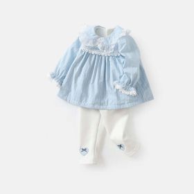 Baby Girl Solid Color Mesh Patchwork Design Shirt Combo Pants Sets (Color: Blue, Size/Age: 73 (6-9M))