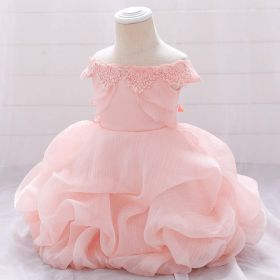 Baby Girl Solid Color One Shoulder Design Tutu Formal Dress Baptism Birthday Dress (Color: pink, Size/Age: 80 (9-12M))