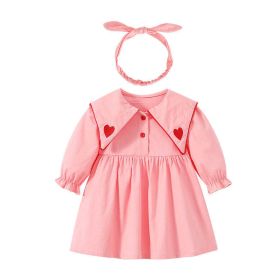 Baby Girl Solid Color A-Line Style Loose Lapel Long Sleeve Dress (Color: pink, Size/Age: 80 (9-12M))