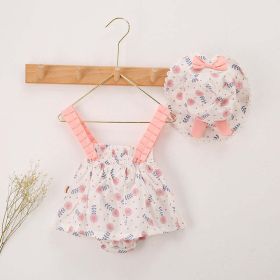 Baby Girl Floral Print Bow Decoration Design Sling Dress Onesies With Hat (Color: pink, Size/Age: 59 (0-3M))