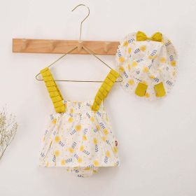 Baby Girl Floral Print Bow Decoration Design Sling Dress Onesies With Hat (Color: yellow, Size/Age: 73 (6-9M))