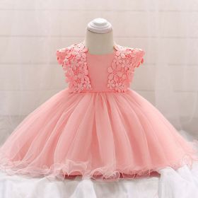 Baby Girl Floral Patched Graphic Mesh Tutu Dress Birthday Baptism Dress (Color: pink, Size/Age: 73 (6-9M))