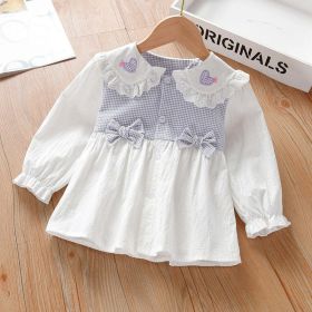 Baby Girl Plaid Patchwork Pattern Mesh Doll Neck Bow Patched Sweet Blouse (Color: Purple, Size/Age: 110 (3-5Y))