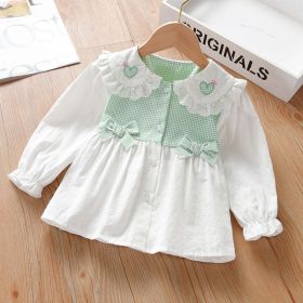 Baby Girl Plaid Patchwork Pattern Mesh Doll Neck Bow Patched Sweet Blouse (Color: green, Size/Age: 90 (12-24M))