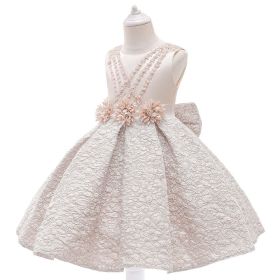 Baby Girl Flower Patched Design Solid Color Sleeveless Princess Formal Dress (Color: Apricot, Size/Age: 110 (3-5Y))