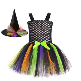 Children's Halloween Little Witch Costume Mesh Tutu Dress & Hat (Color: green, Size/Age: Kids L (120-130))