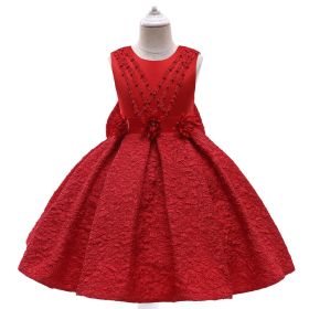 Baby Girl Flower Patched Design Solid Color Sleeveless Princess Formal Dress (Color: Red, Size/Age: 110 (3-5Y))