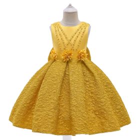 Baby Girl Flower Patched Design Solid Color Sleeveless Princess Formal Dress (Color: yellow, Size/Age: 110 (3-5Y))