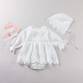 Baby Girl Solid Color Flower Embroidered Design Doll Neck Long Sleeves Onesie Dress (Color: White, Size/Age: 80 (9-12M))